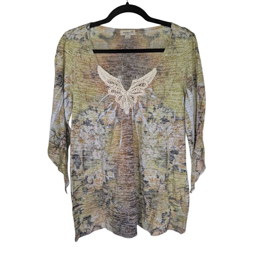 One World Top Multicolor Embroidered Embellished 3/4 Asimmetric Sleeve Women La